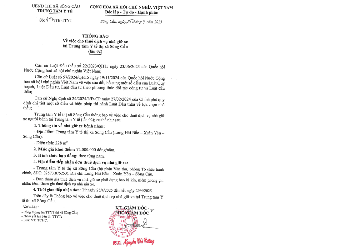 Thông báo cho thuê nhà giữ xe